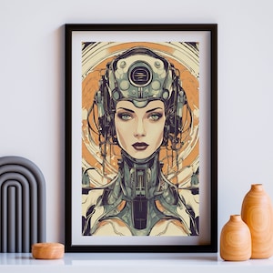 Retro Space Woman Download | Futuristic Cyberpunk | Downloadable Prints | 300dpi-PNG Files | Gray and Cream | 5 Size Ratios | Original Art