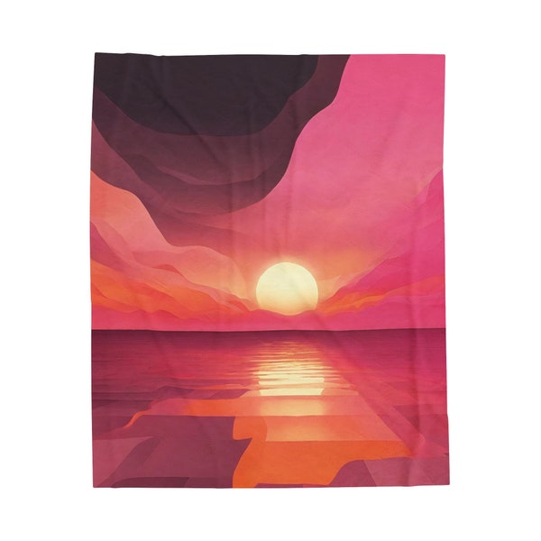 Modern Minimalist Sunset Plush Blanket - Pink, Orange, and Dark Gray | Sunset Modern Minimalist Original Design Velveteen Plush Blanket