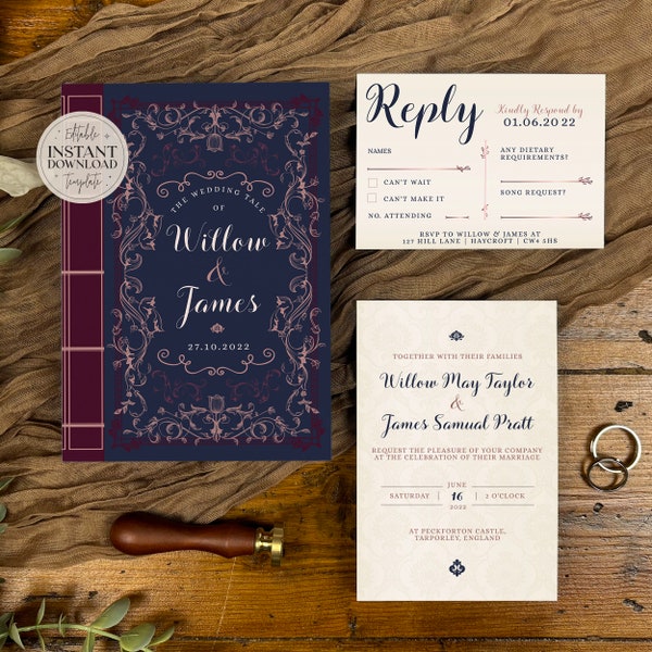 WILLOW | Fairytale Book Cover Style Invite Set | Vintage DIY Invitation | Editable Template | Digital Printable Invite | Literary Wedding