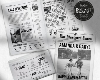 Wedding Newspaper Program Template | DIY Newspaper Design | Editable Template | Printable Folded Newspaper | Instant Download |