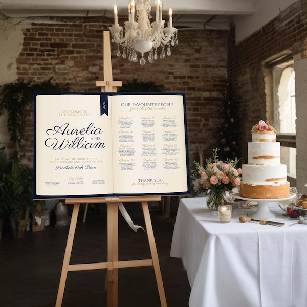 Plano de mesa literario / Plano de asientos para boda estilo libro abierto / Colores editables / Letrero imprimible / Descarga instantánea / Biblioteca #AURELIA