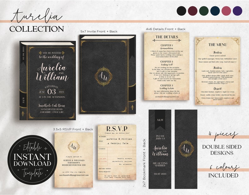 AURELIA Literary Book Invite Set Vintage DIY Invitation Editable
