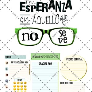 May include: A printable daily prayer journal with a green and white color scheme. The title is "Mi Diario de Oracion" and the text "Ten Esperanza en Aquello que no se ve" is written in black with a green and white background. The journal includes sections for the date, a verse of the day, a gratitude list, and a prayer request.