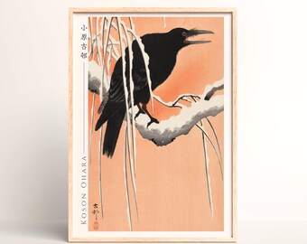 Ohara Koson Japanese Woodblock Print, Crow On Snowy Branch - #048