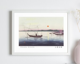 Boats and Setting Sun by Ohara Koson, Japanese Art Print, Poster, Home Decor, Wall Art, Horizontal, Unframed, #001