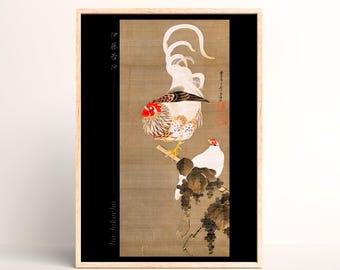 Hen and Rooster with Grapevine Japanese Art Print – Ito Jakuchu Edo Period Painting - #001
