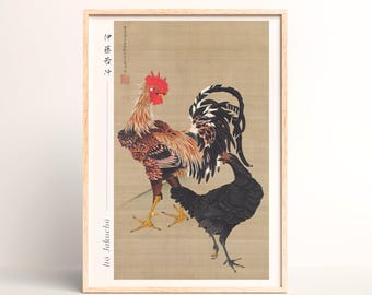Rooster and Hen Japanese Art Print – Ito Jakuchu Edo Period Painting - #020