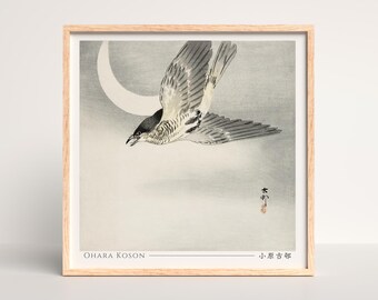 Ohara Koson Japanese Woodblock Print, Cuckoo at crescent moon - Square #016
