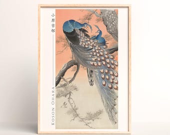 小原古邨による日本のアートプリント「鳥と赤い蔦」、木版画、ジクレー