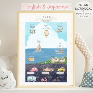 Transportmittel Poster, Englisch & Japanisch, Kinder Wand Kunst, Kinderzimmer Dekor, Klassenzimmer Dekor, Lernposter, Hausschule, Vorschule