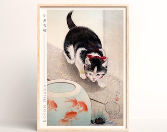 小原古邨による日本のアートプリント「金魚鉢と猫」、木版画、ジクレー