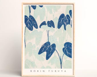 Decorative Japanese Art Print – Abstract Blue Plant Motif by Furuya Korin - #038