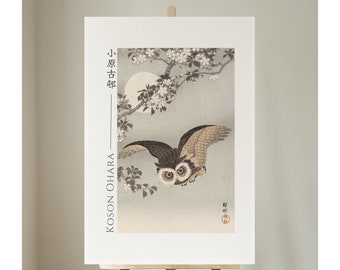 Digital Download, Scops Owl, Cherry Blossoms, and Moon by Ohara Koson, Japanese Art Print, Poster, Home Decor, Wall Art, #098