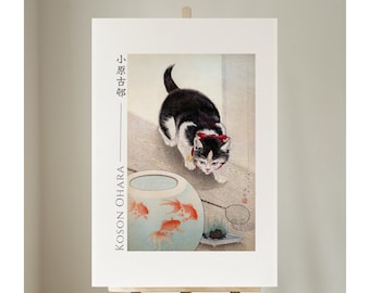 Cat And Goldfish by Ohara Koson, Japanese Art Print, Poster, Home Decor, Wall Art, Unframed, #097