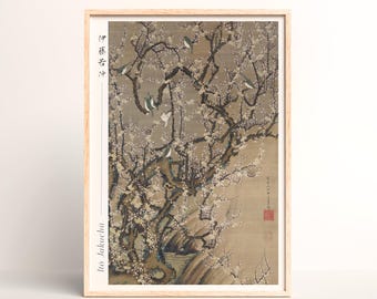 Birds on blossoming plum Japanese Art Print – Ito Jakuchu Edo Period Painting - #009