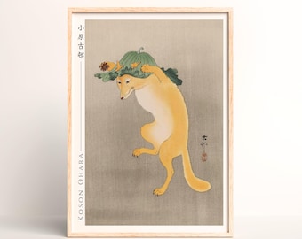 小原古邨作「蓮の葉の帽子をかぶった踊る狐」日本美術版画、木版画