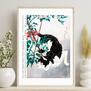 Cat with Tomato Plant (1931) by Takahashi Shōtei, Giclée, Japanese, Art Print, Poster, Woodblock, Wall Art, Ukiyo-e, #005