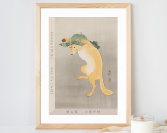 Dancing Fox with Lotus Leaf Hat by Ohara Koson, Japanese Art Print, Poster, Home Decor,  Wall Art, Unframed, Fox Art