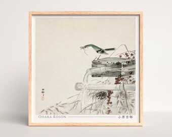 Blue nightingale Japanese Woodblock Print, Ohara Koson - Square #014