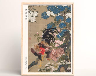 Japanese Edo Period Art Print – Rooster and Hen with Hydrangeas by Ito Jakuchu - #021