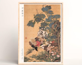 伊藤若冲（1716-1800） - 雄鶏と雌鶏、紫陽花のキャンバスギャラリー