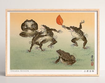 小原古邨作「蛙相撲」日本美術版画、木版画、ジクレー版画、版画、美術