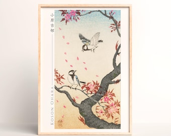 小原古邨による日本のアートプリント「鳥と赤い蔦」、木版画、ジクレー