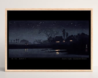Evening Japanese Woodblock Print – Quiet Starry Night Village by Takahashi Shotei - Horizontal #012