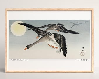 Ohara Koson Japanese Woodblock Print, Birds at full moon -Horizontal #008