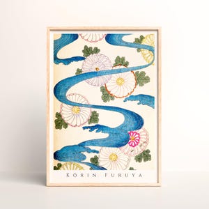 Japanese Pattern Art Print – Flowing Water and Flowers Design by Furuya Korin - #126