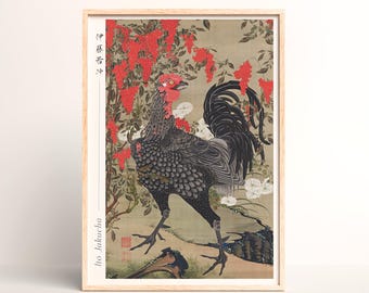 Ito Jakuchu Japanese Painting – Black Rooster and Nandin - #010