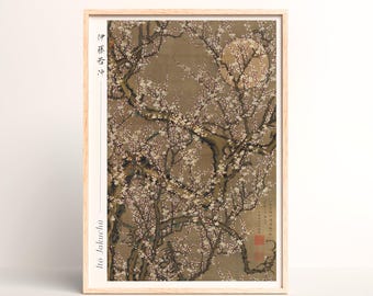 Japanese Edo Period Art Print – White Plum Blossoms and Moon by Ito Jakuchu - #006
