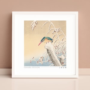 Kingfisher In Snow by Ohara Koson, Japanese Art Print, Poster, Home Decor, Wall Art, Square, Unframed, #005