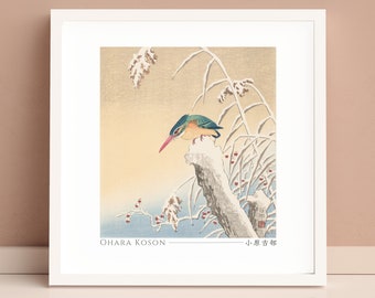 Kingfisher In Snow by Ohara Koson, Japanese Art Print, Poster, Home Decor, Wall Art, Square, Unframed, #005