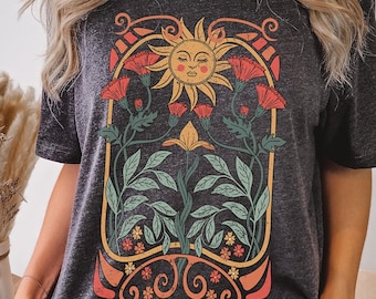 Art Nouveau Floral Sun T-Shirt, Boho Wildflowers Nature Top
