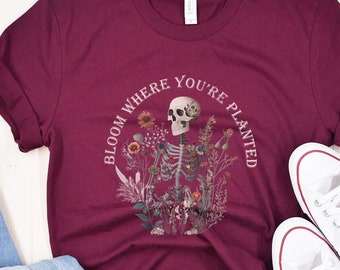Wildflower Skeleton T-Shirt, Floral Skull, Edgy Nature Tee