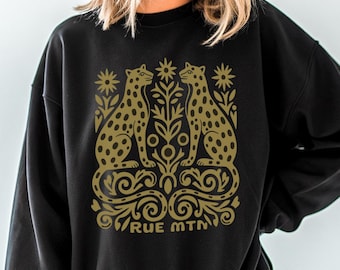 Leopard Graphic Sweatshirt, Boho Wildcat Crewneck, Animal Print Top