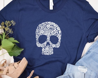 Floral Skull Graphic Tee, Botanical Skeleton Shirt