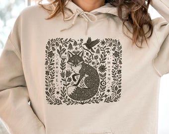 Goblincore Fox Hoodie, Black Linocut Woodland Sweatshirt