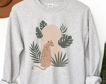 Sudadera estilo bohemio con estampado de leopardo, suéter de corte relajado para mujer.