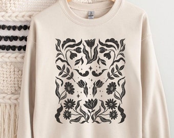 Boho Flower Sweatshirt, Black Floral Print Unisex Sweater