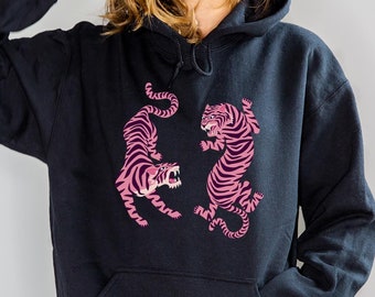 Pink Tigers Hooded Sweatshirt, Aesthetic Animal Lover Sweater