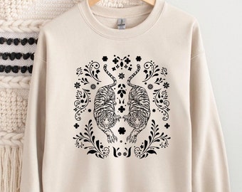 Floral Tiger Sweatshirt, Aesthetic Animal Lover Crewneck