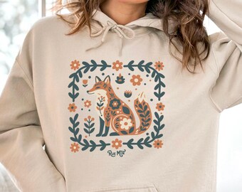 Folk Art Fox Hoodie, Scandinavian Floral Sweatshirt, Cozy Cottagecore Pullover
