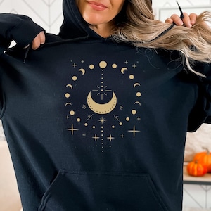 Sudadera con capucha de fases lunares celestiales, sudadera boho mística para mujer imagen 1