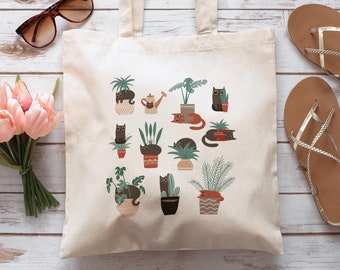 Cats and Plants Cotton Tote Bag, Cat Lover Gift
