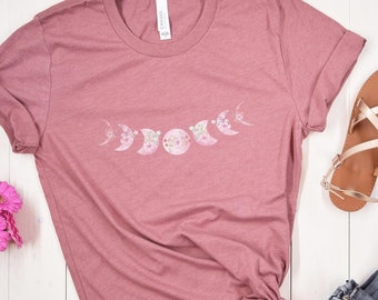 Floral Mond Phasen T-Shirt, spirituelle Himmlische Tee