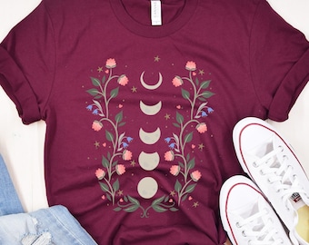 Moon Phases Floral T-Shirt - Mystical Woman Boho Tee
