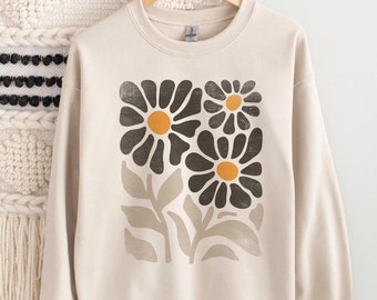 Boho Blumen-Sweatshirt Unisex Wildblumen Pullover Frauen Floral Minimalist Pullover Blumen-Print Sweatshirt Frau Geschenk übergroße Blume Shirt