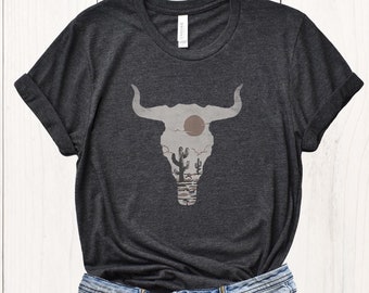 Boho Cow Skull Desert Cactus T-Shirt, Western Graphic Tee